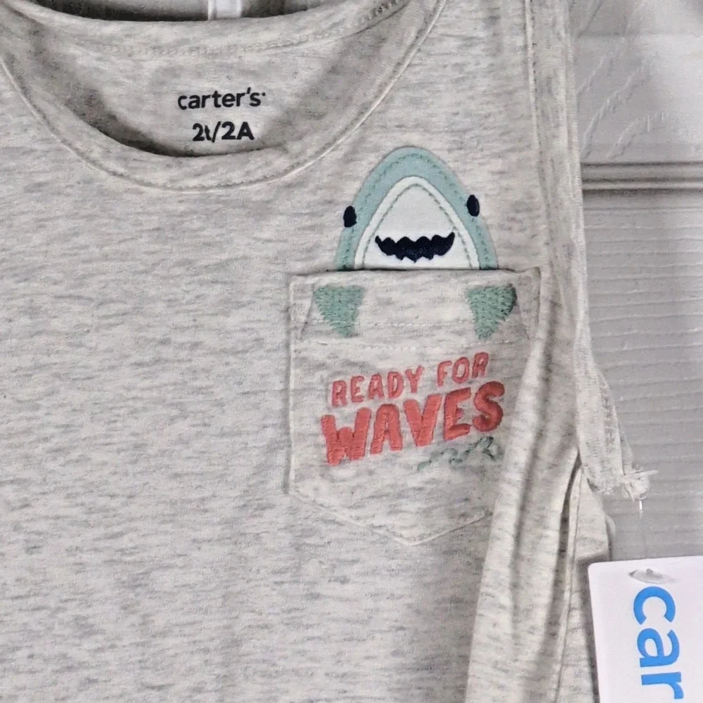 Carter's Boys 2T Tank Top Shorts Set NWT Shark Ready For Waves Gray Blue Summer